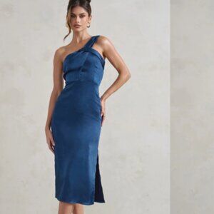 Club L London Steffie Navy Asymmetric Satin Midi Dress Size 2